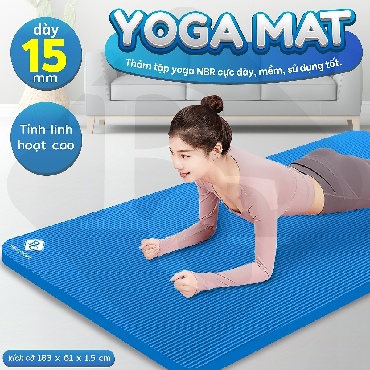 BG Thảm tập Yoga,GYM chuyên dụng dày 15mm NBR nguyên khối, độ đài hồi tốt, chống lún, Chống trơn trượt, độ bám cao, ngăn ngừa hôi và ẩm mốc (hàng nhập khẩu)