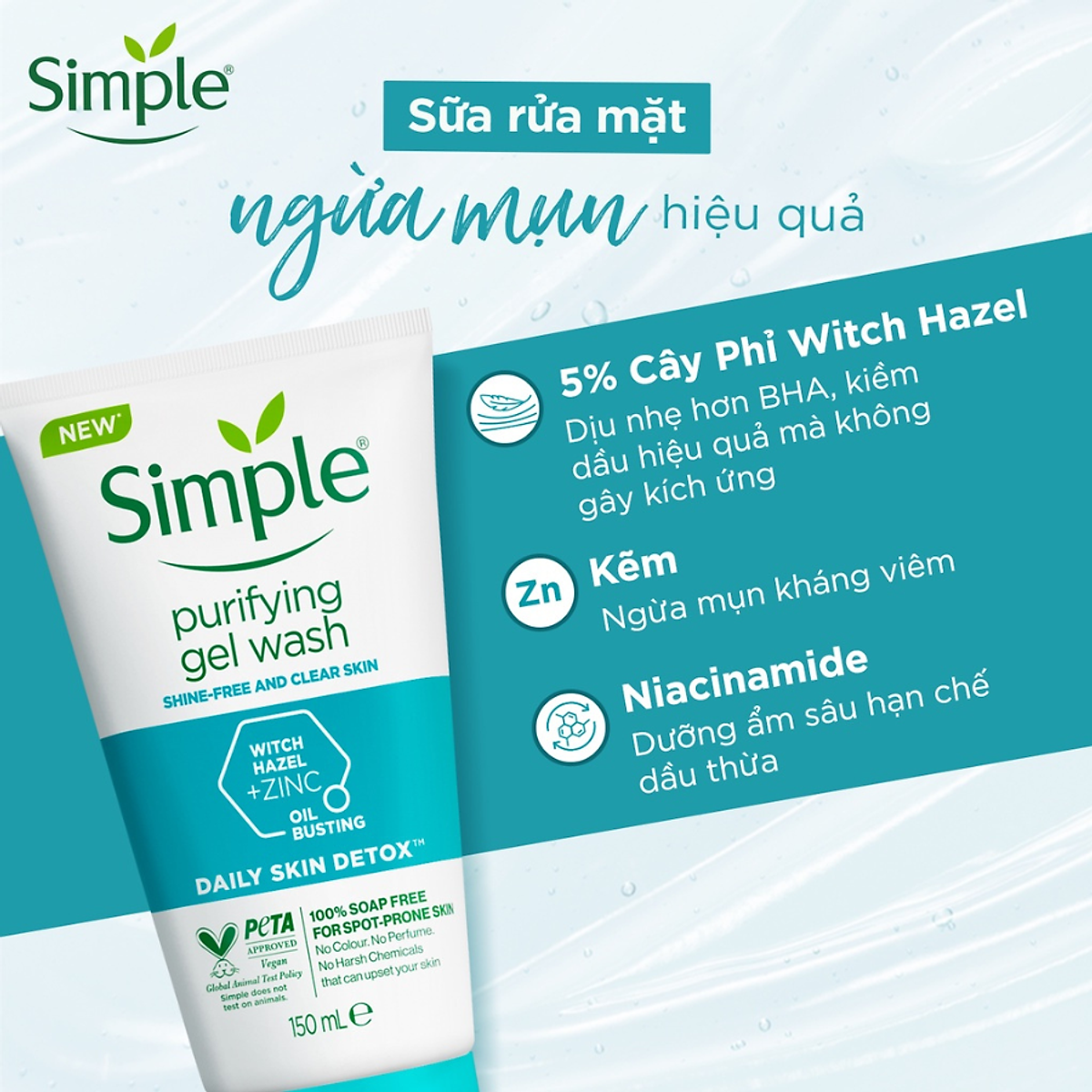 Sữa rửa mặt Simple giúp kiềm dầu và ngừa mụn hiệu quả - cho da mụn nhạy cảm 150ml