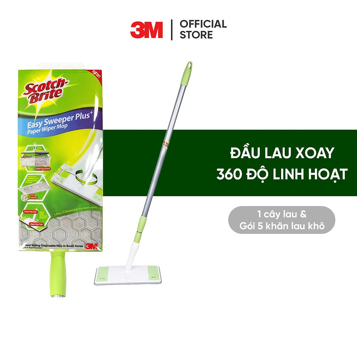 Cây lau nhà siêu tốc dùng khăn giấy thay thế Scotch-Brite 3M đa năng, xoay 360 độ, lấy sạch bụi và tóc mọi ngóc ngách