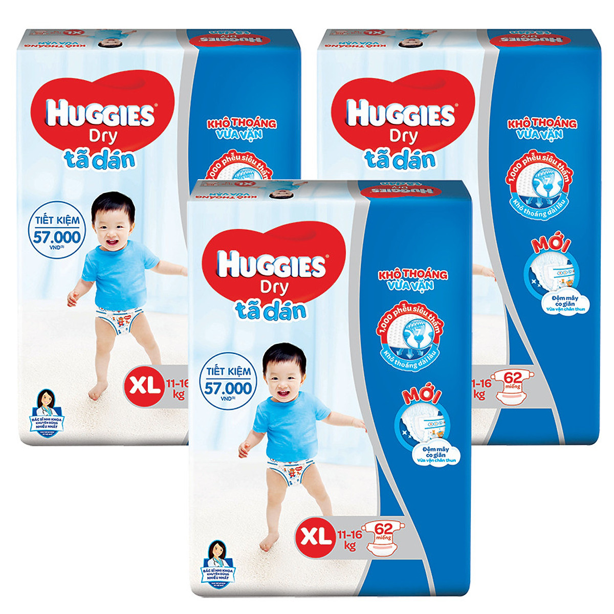 Combo 3 Gói Tã Dán Huggies Dry Gói Cực Đại XL62 (62 Miếng) - Bao Bì Mới