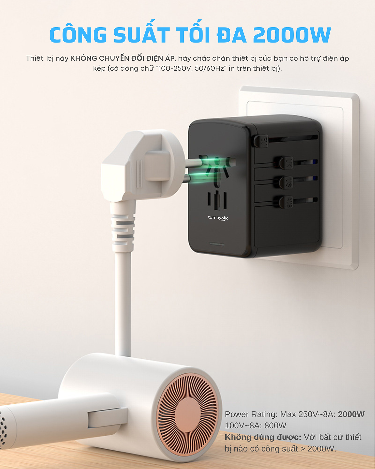 Ổ Cắm Điện Đa Năng Du Lịch Quốc Tế Tamayoko 5 Cổng Type-C & USB Cắm Tải 2000W