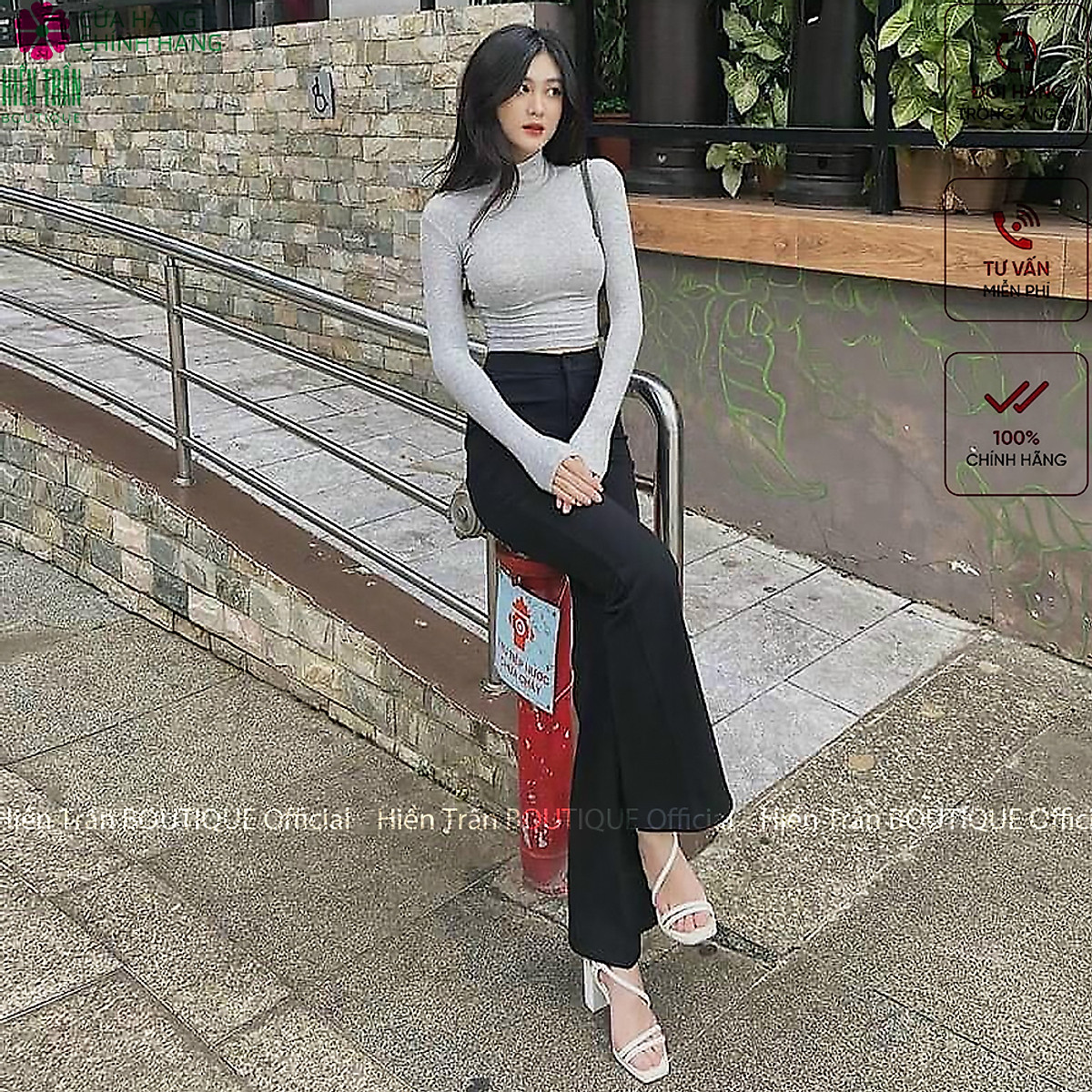Quần ống rộng Hiền Trần BOUTIQUE lưng cạp cao 1 cúc baggy vải nữ dài suông loe culottes màu đen nâu cafe
