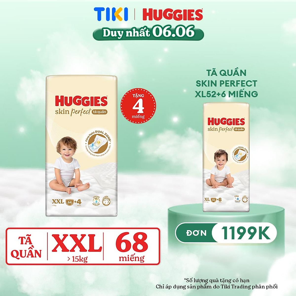 Tã quần Huggies Skin Perfect Mega Jumbo XXL64+4 miếng với 2 vùng thấm giảm kích ứng da