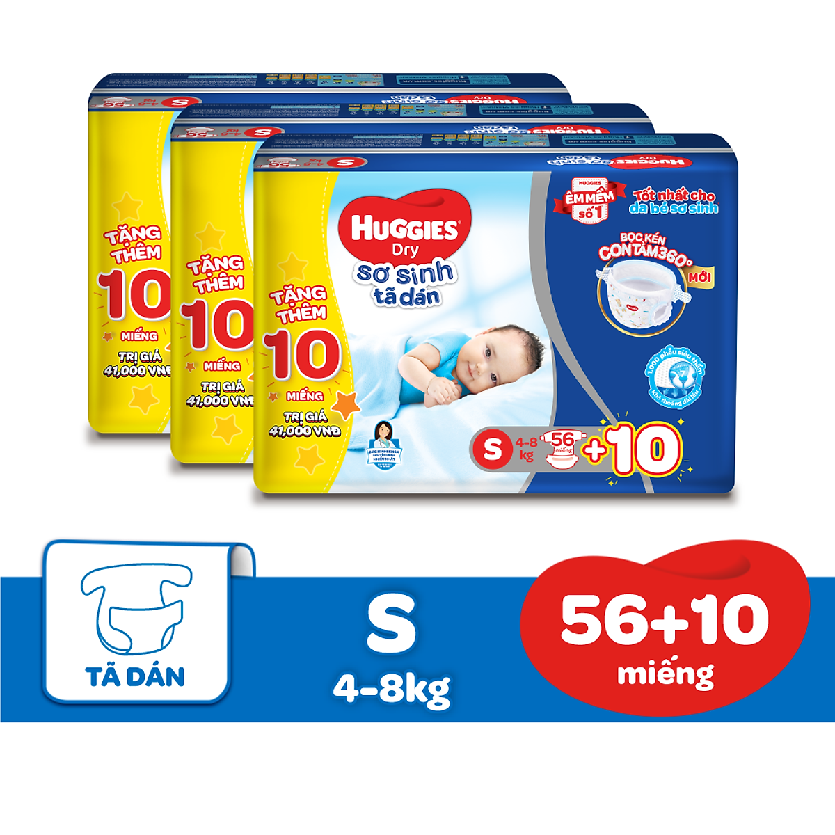Combo 3 Gói Tã Dán Sơ Sinh Huggies S56 (4kg-8kg) - Gói 56 Miếng - Tặng 10 miếng