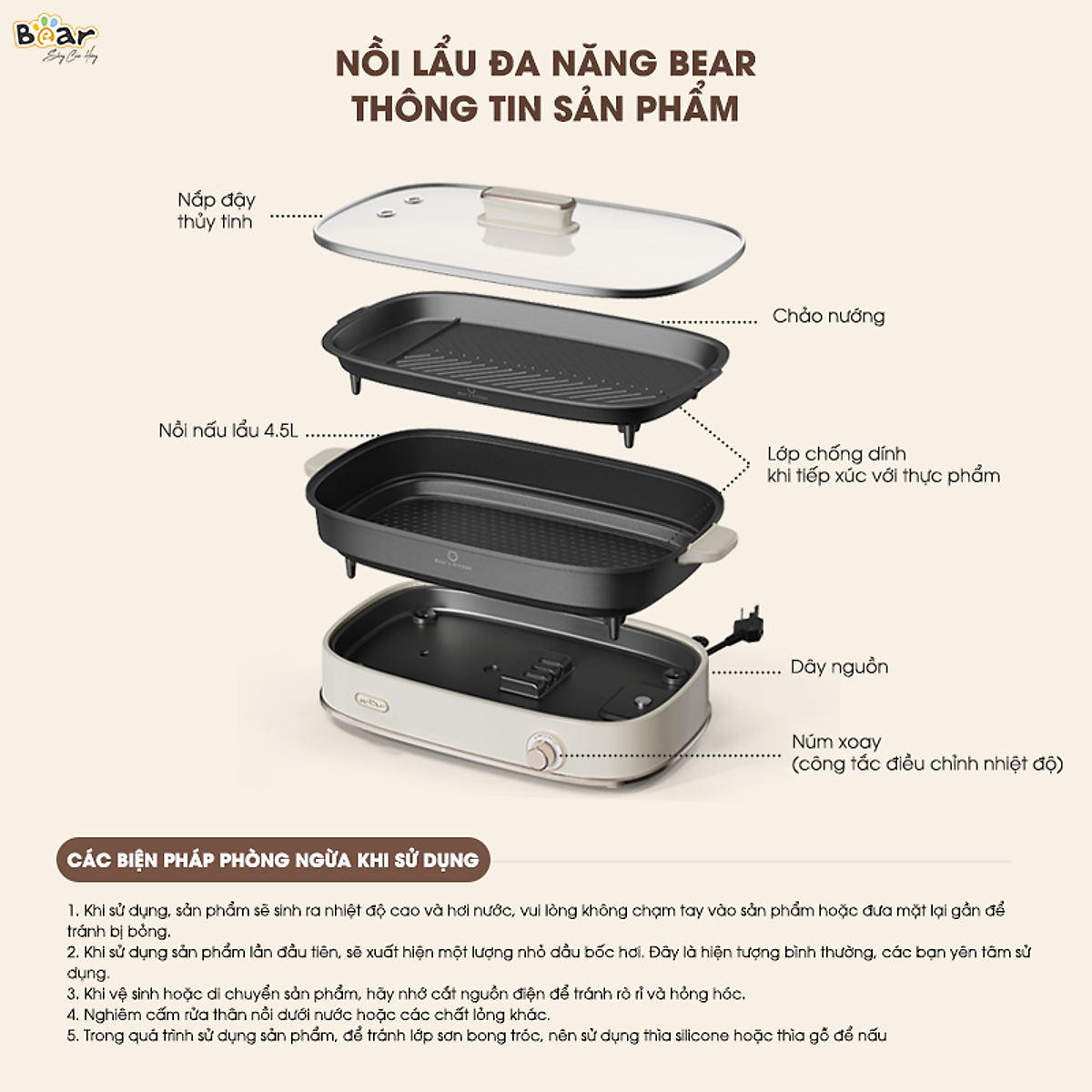 Nồi Lẩu Đa Năng Bear 4,5L 6 Chức Năng Nấu Tiết Kiệm Điện Chống Dính Cao Cấp Chiên Nướng Lẩu Nấu Hầm Ninh SB-NL45K HÀNG CHÍNH HÃNG