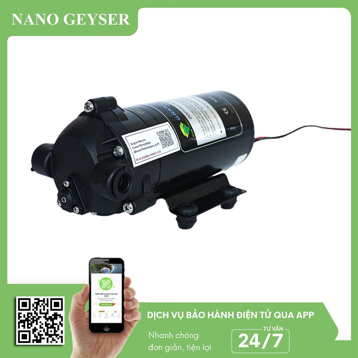Bơm máy lọc nước 24V Nano Geyser, Bơm tăng áp giúp hút đẩy, Bảo hành 3 năm - Hàng Chính Hãng