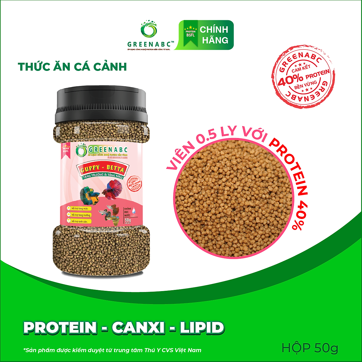Thức ăn Cá 7 Màu GREENABC - Guppy & Betta – Hàm lượng protein 40% giúp tăng trưởng nhanh, lên màu đẹp, đề kháng tốt – Hộp 50g