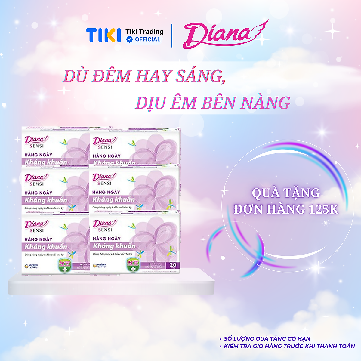 Bộ 6 gói băng vệ sinh Diana hàng ngày kháng khuẩn gói 20 miếng