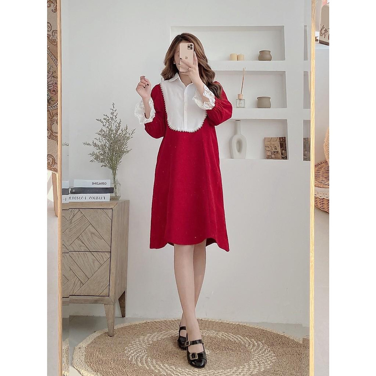 Váy suông nhung đỏ phối màu, cổ somi, đầm xuông rộng tay dài pha ren hoa mã V110 - Michi's House