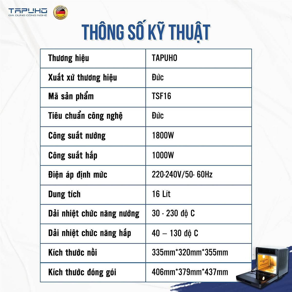 Nồi chiên hơi nước cao cấp TAPUHO TSF16 - Thương hiệu Đức - 2.800w - 16 lít - BH 2 năm