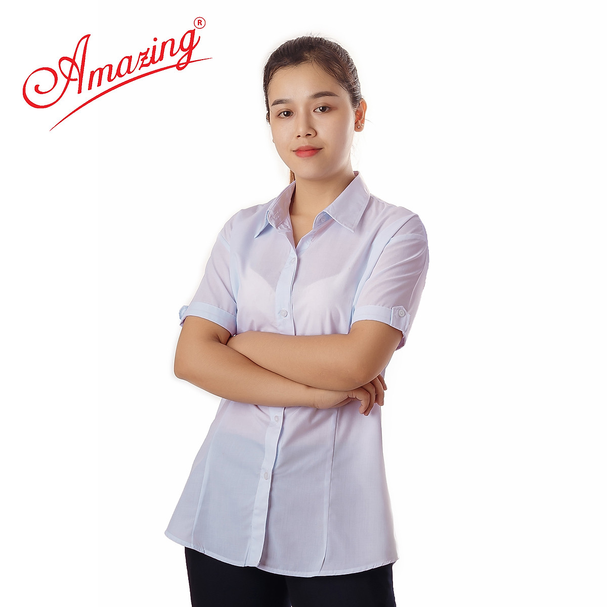 Áo sơ mi nữ Amazing, màu trắng, tay dài, vải KT silk, size từ 40-80kg