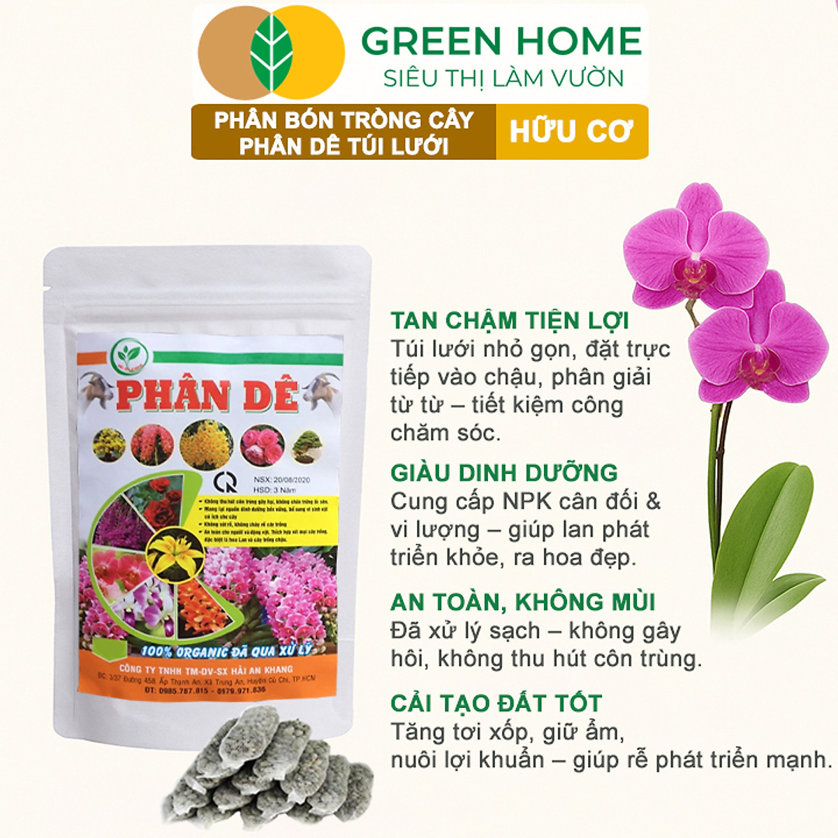 Phân Dê Trồng Lan Greenhome, Túi Lưới Dài 10cm, Đã Qua Xử Lý, Không Mùi, Kích Rễ Phong Lan, Hoa Đậm Màu Lâu Tàn