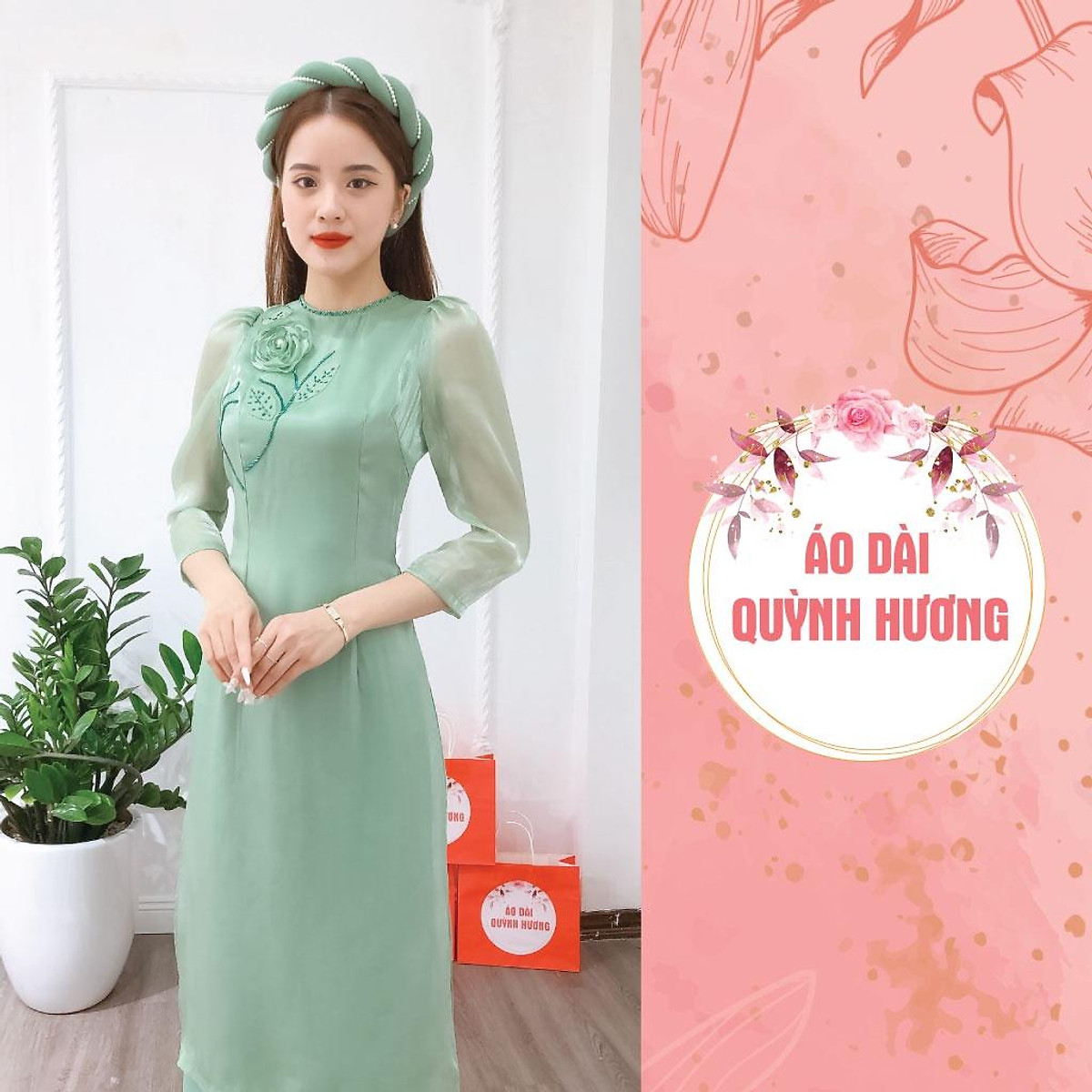 Mua Áo Dài Voan Nhũ Tay Bồng Đính Hoa Màu Xanh Mint Cổ Tròn - Áo+Quần Lụa  Xanh,L Tại Shop Áo Dài Bảo Hiếu | Tiki