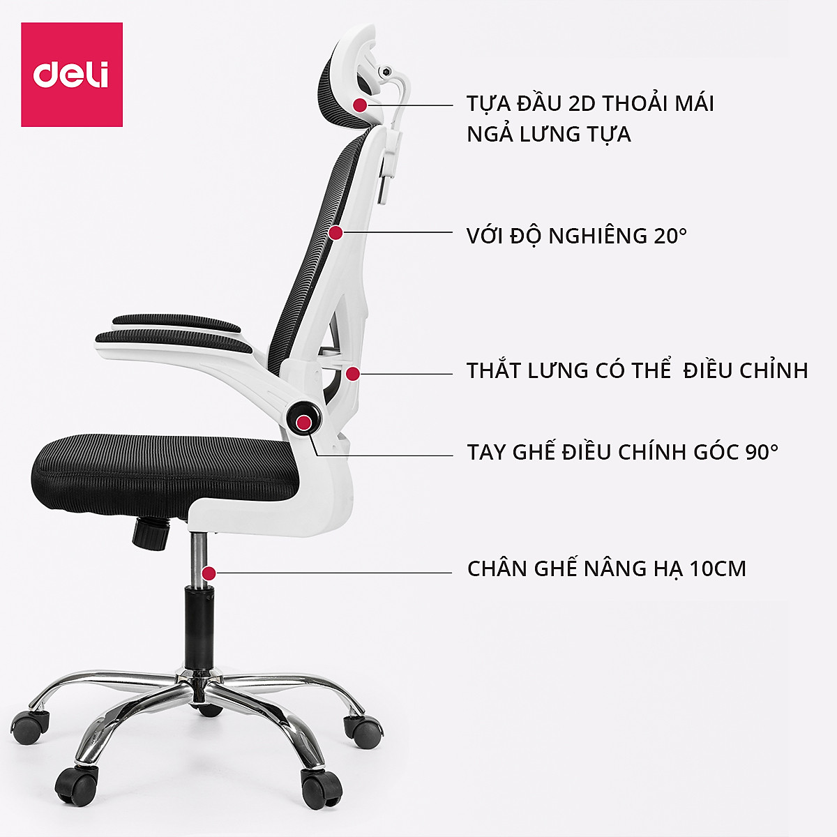 Ghế Xoay Văn Phòng Lưới Làm Việc Công Thái Học Deli - Tay Gập Thông Minh, Có Chỉnh Lưng, Lưới Thoáng Khí, Chân Xoay Tiện Ích, Đệm Ghế Êm Aí, Nhiều Màu - Phù Hợp Học Sinh, Văn Phòng, Game Thủ, Gaming - Hàng chính hãng