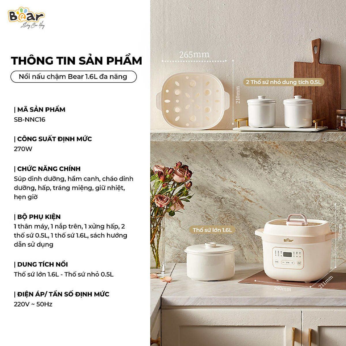 Nồi Nấu Cháo, Nấu chậm 1.6L Bear SB-NNC16 270W - Hàng chính hãng