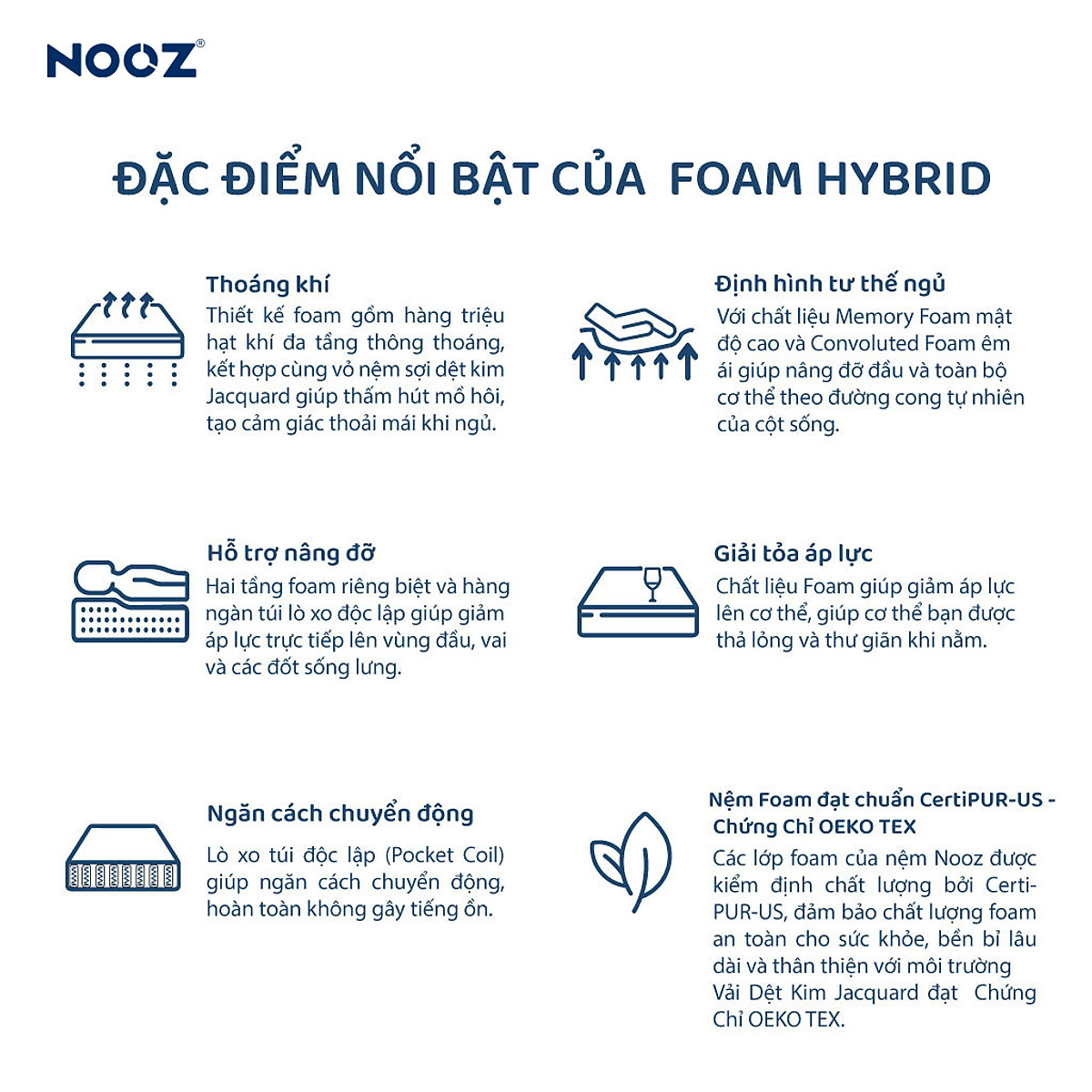 Nệm Foam Hybrid 25cm Nooz Home Goods Tiêu Chuẩn CertiPUR-US Ruột Đệm Lò Xo Túi Độc Lập Kết Hợp Cùng 2 Tầng Cao Su Non (Convulated Foam và High Density Foam)
