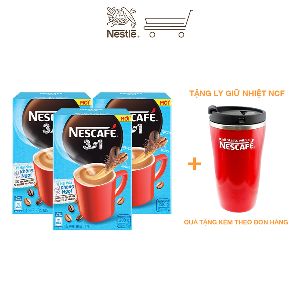 [Tặng ly 2 lớp tiện lợi] Combo 3 hộp cà phê hòa tan Nescafé 3in1 vị hài hòa không ngọt - công thức cải tiến (Hộp 20 gói)