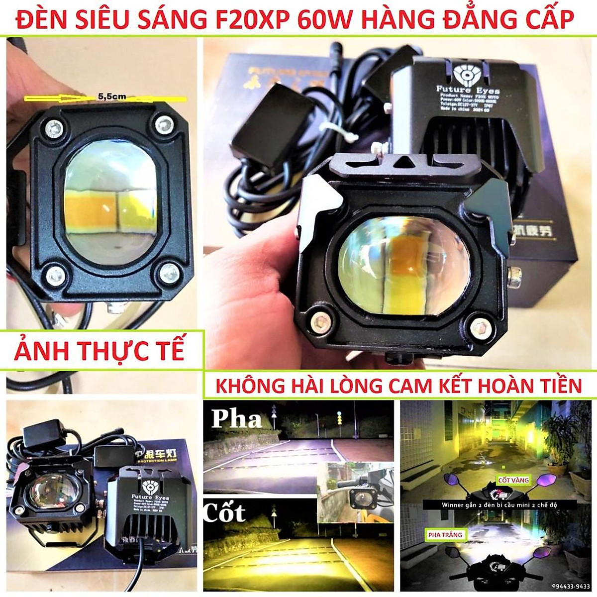 Đèn trợ sáng xe máy ô tô bi cầu F20XP 2 màu cốt vàng pha trắng 60w siêu sáng dành cho khách víp