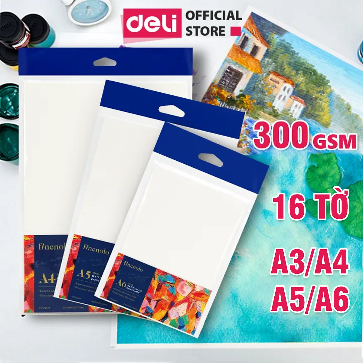 Giấy Vẽ Màu Nước Tệp 16 Tờ 300Gsm A3 / A4 / A5 / A6 Chuyên Dụng Hạng Hoạ Sĩ Watercolor Paper Cao Cấp Finenolo Deli - Dùng Cho Màu Nước Gouache Acrylic Nhiều Cọ - EC270