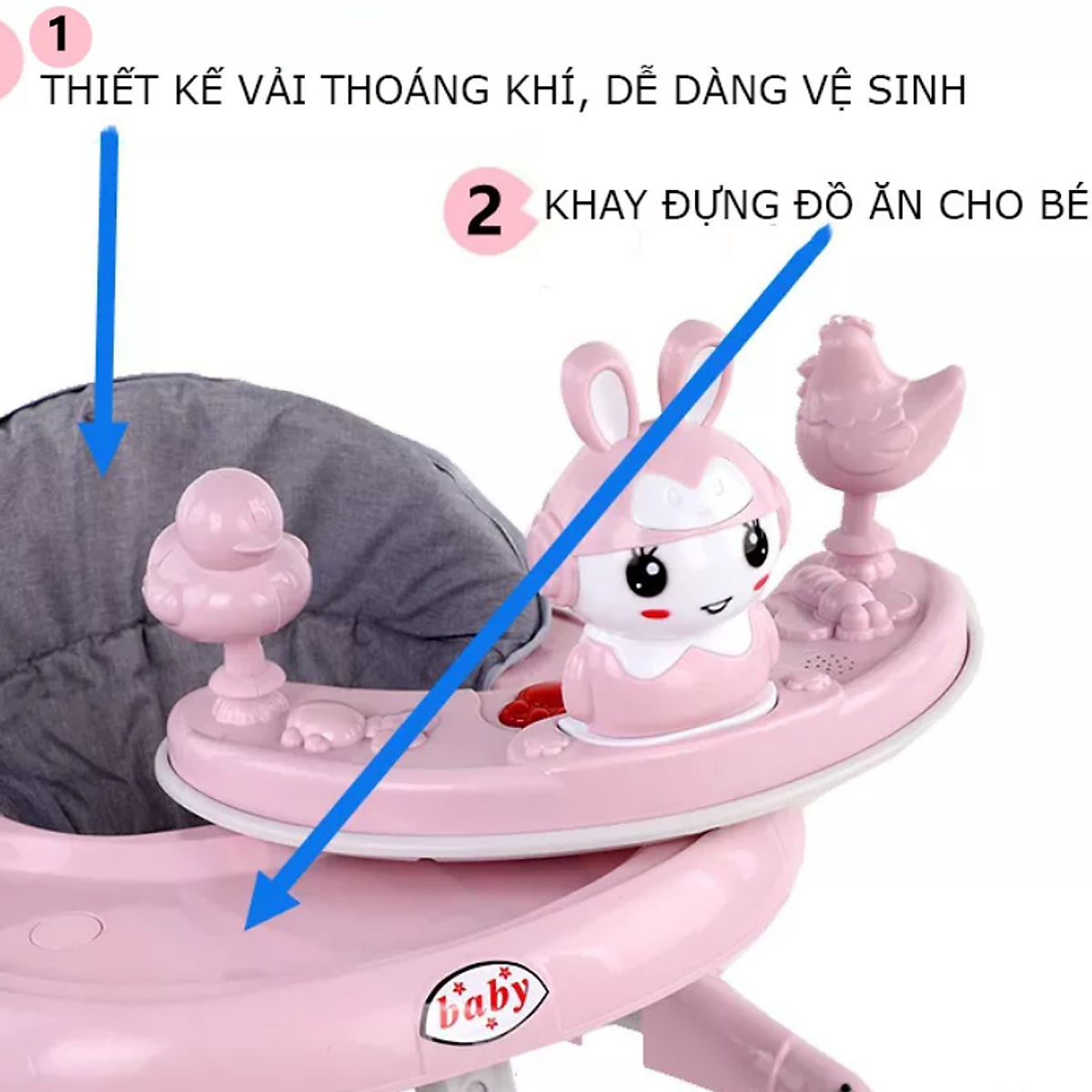 Xe tập đi cho bé - Xe tập đi khung kim loại có bàn ăn dặm, tay đẩy chắc chắn, kèm đồ chơi và nhạc cho bé - XTD616