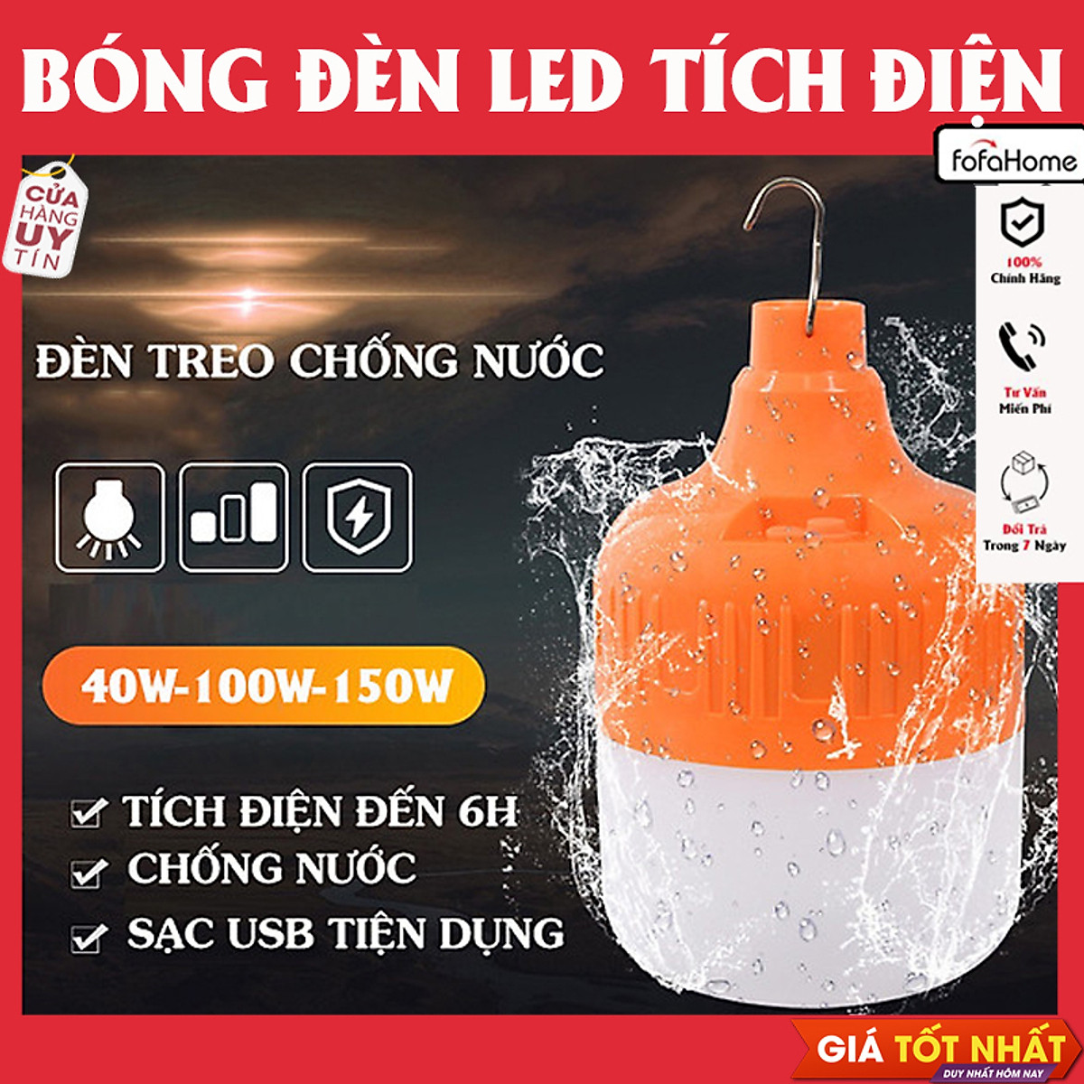 Bóng Đèn Tích Điện 40W 100W 150W Siêu Sáng Tiện Lợi Gọn Nhẹ Hàng Cao Cấp - Bóng Đèn Led Tích Điện 6-8h