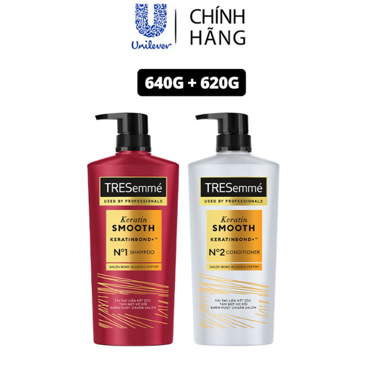 Combo Dầu Gội, Dầu Xả TRESEMME Keratin Smooth Dưỡng tóc khô xơ rối Công thức chuẩn salon Hydrolyzed Keratin trong Dầu Gội và dầu Xả dưỡng Tóc Vào Nếp Suôn Mượt 640g, 620g