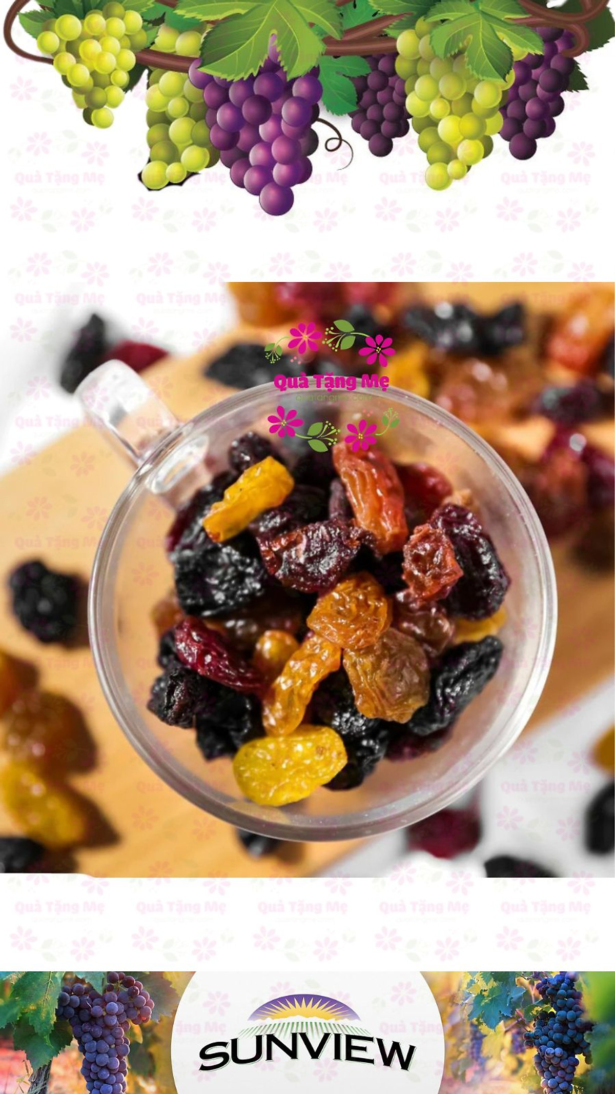 Nho khô Sunview Raisins Mỹ không hạt 3 màu giàu Vitamin khoáng chất, tốt cho tim mạch (425g/hộp) - QuaTangMe Extaste
