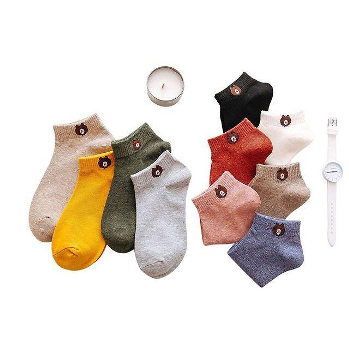 Set 3 Đôi Tất Hình Gấu Nữ Cổ Ngăn, Phong Cách Dễ Thương Nhiều Màu Sắc