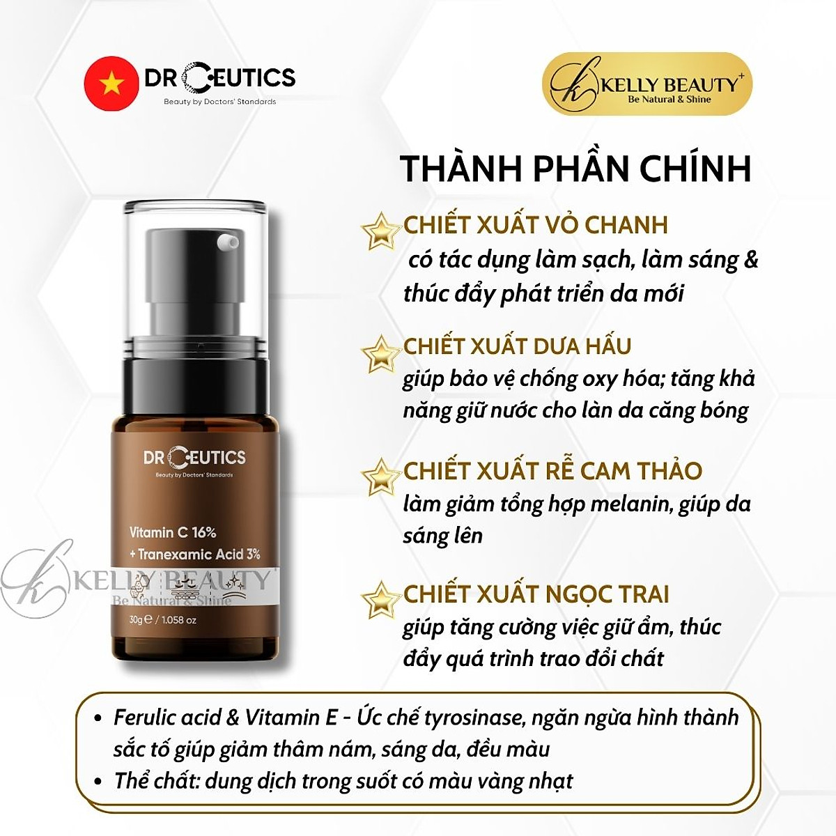 Tinh Chất Chống Lão Hóa, Sáng Da DrCeutics Vitamin C 16% + Tranexamic 3% Kelly Beauty