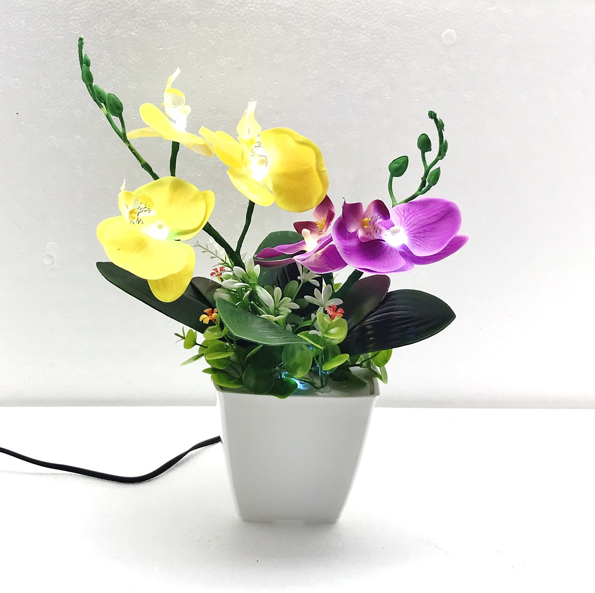 Hoa lan trang trí có đèn 2 nhánh Hoa lan giả - Hoa trang trí