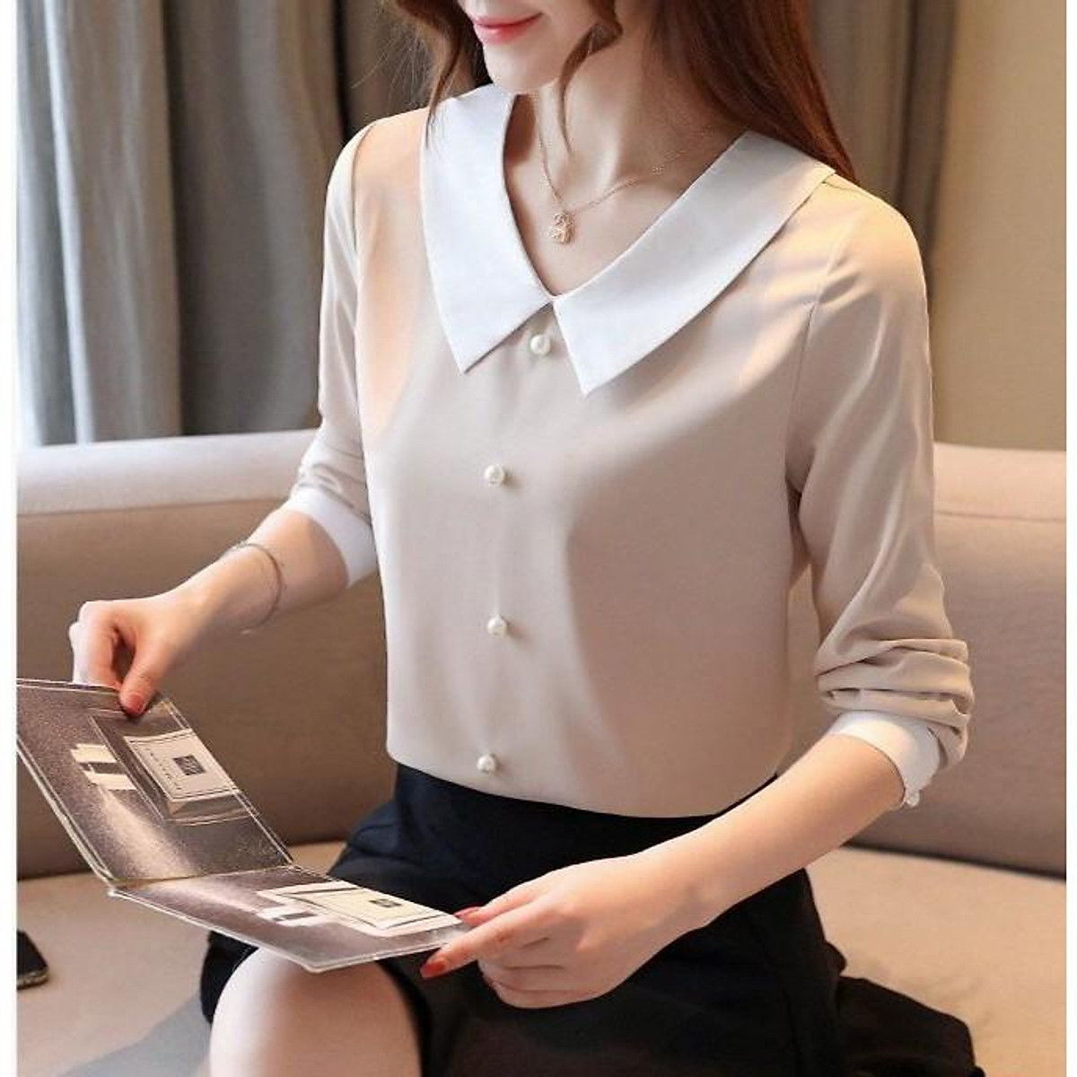 ÁO KIỂU PHỐI NÚT TAY DÀI CÔNG SỞ THỜI TRANG CAO CẤP ĐẸP ÁO KIỂU NỮ Áo Kiểu Phối Nút Tay Dài Công Sở Thời Trang Cao Cấp Đẹp Áo Kiểu Nữ