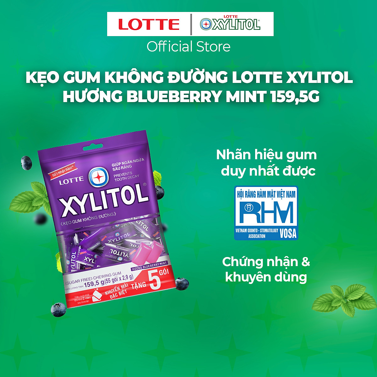 Kẹo Gum không đường Lotte Xylitol Hương Blueberry Mint 159,5 g
