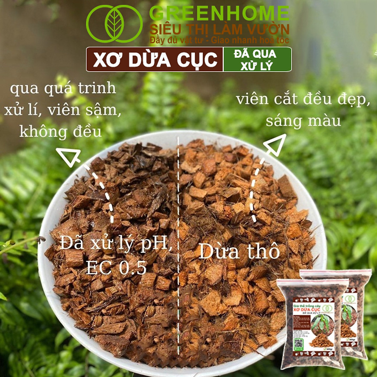 Xơ Dừa Cục Greenhome, Bao 400gr, Giá Thể Đã Qua Xử Lý, Size 1-2cm, Viên Đều Đẹp, Sạch Khuẩn, Trồng Kiểng Lá, Lan
