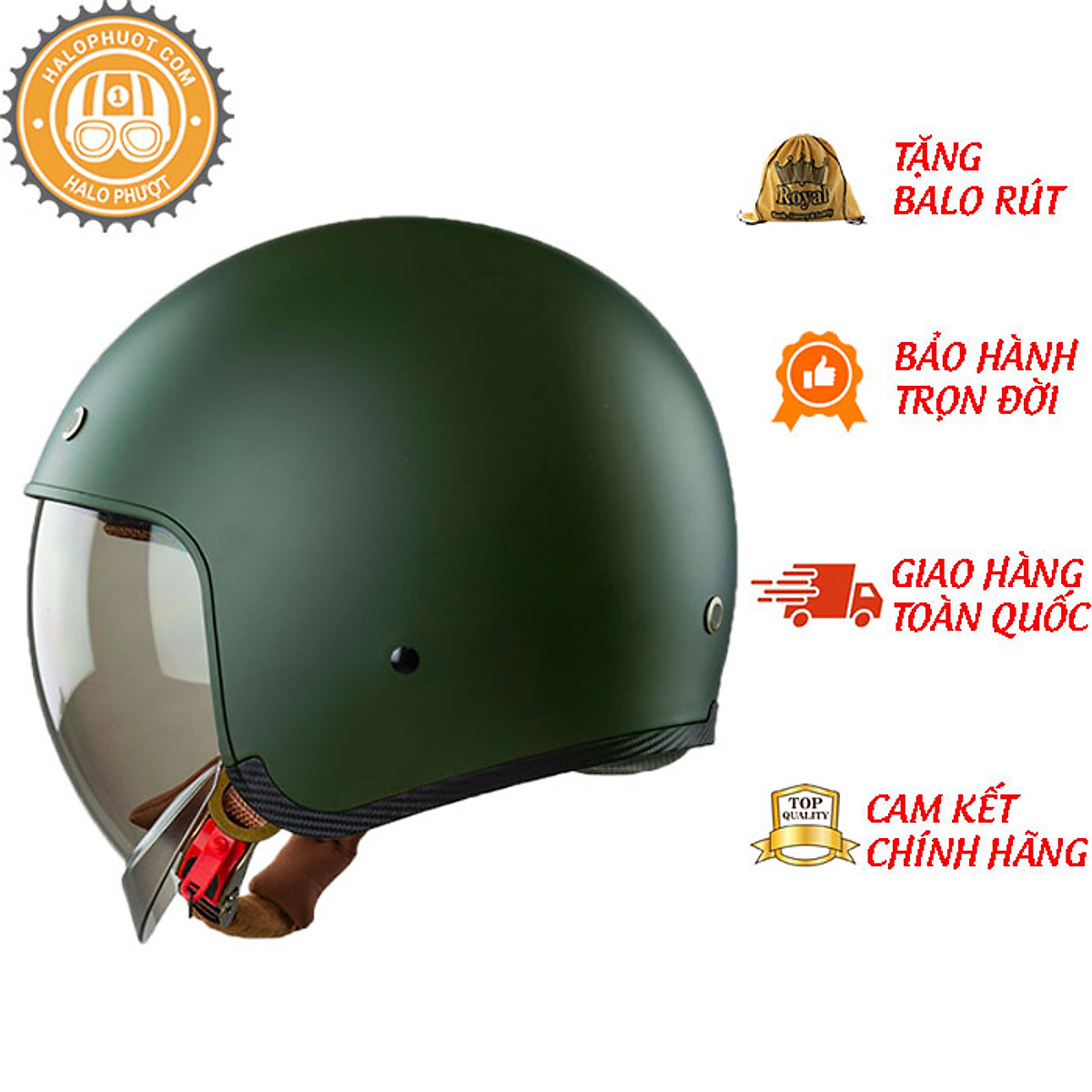 Nón bảo hiểm 3/4 ROYAL M139 có kính âm màu XANH LÍNH NHÁM