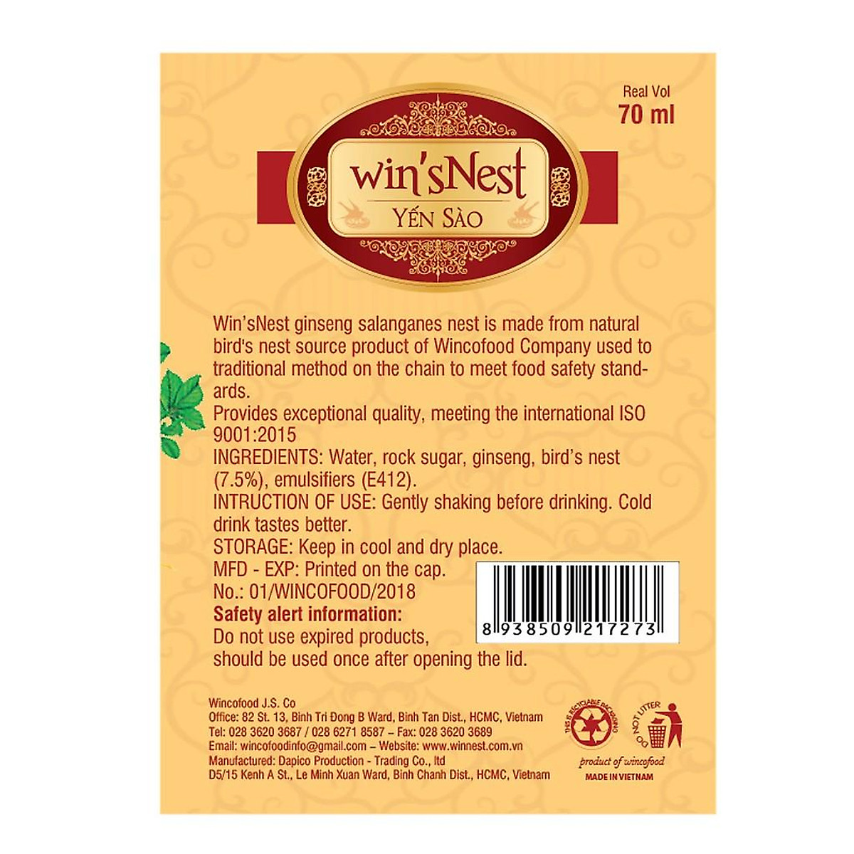 Combo 12 lọ Yến Sào win'sNest Nhân Sâm (70 ml)