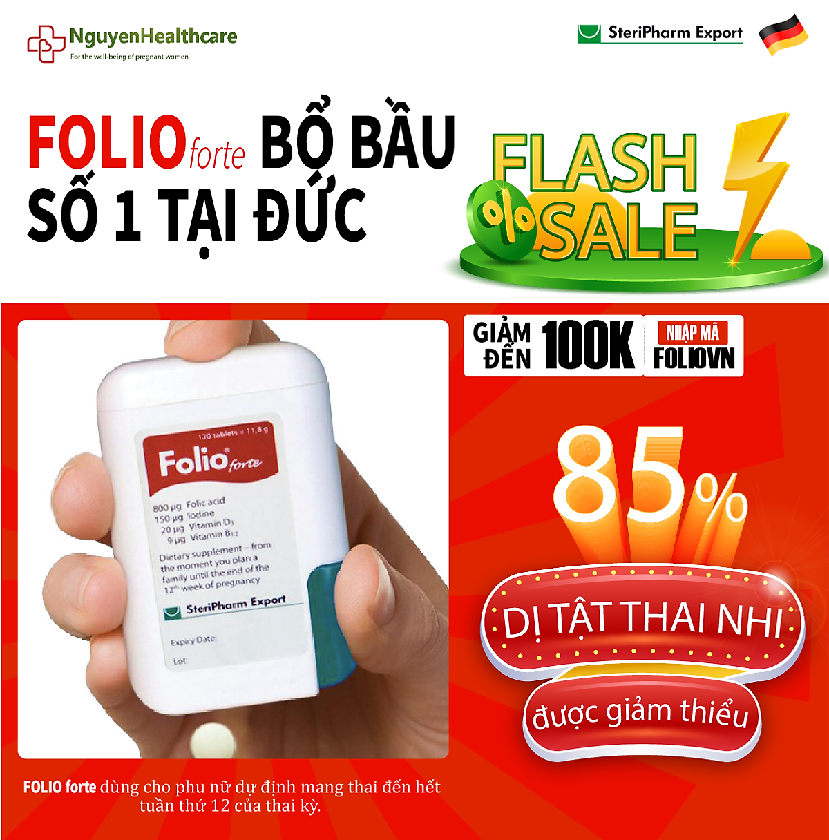 Viên uống bổ sung Acid Folic cho phụ nữ dự định mang thai, phụ nữ đang mang thai Folio® forte - Hộp 120 viên