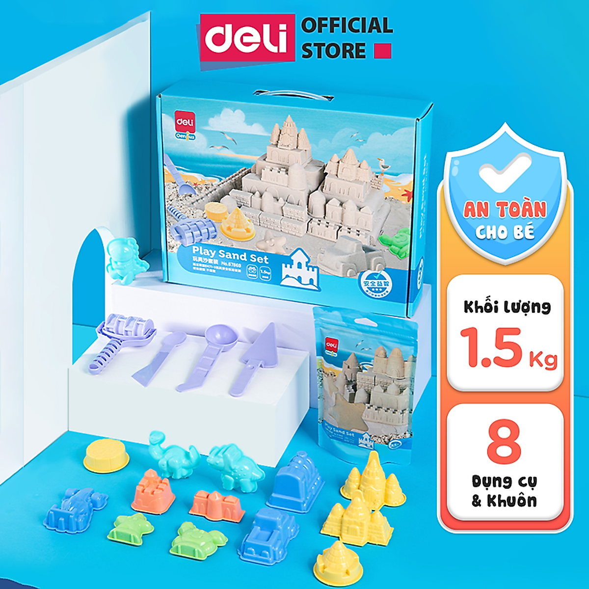 Bộ Đồ Chơi Deli Cát Động Lực Tạo Hình Kèm Khuôn 1.5kg 2kg - Cát Dẻo Vi Sinh Dễ Tạo Hình, An Toàn, Không Dính Tay