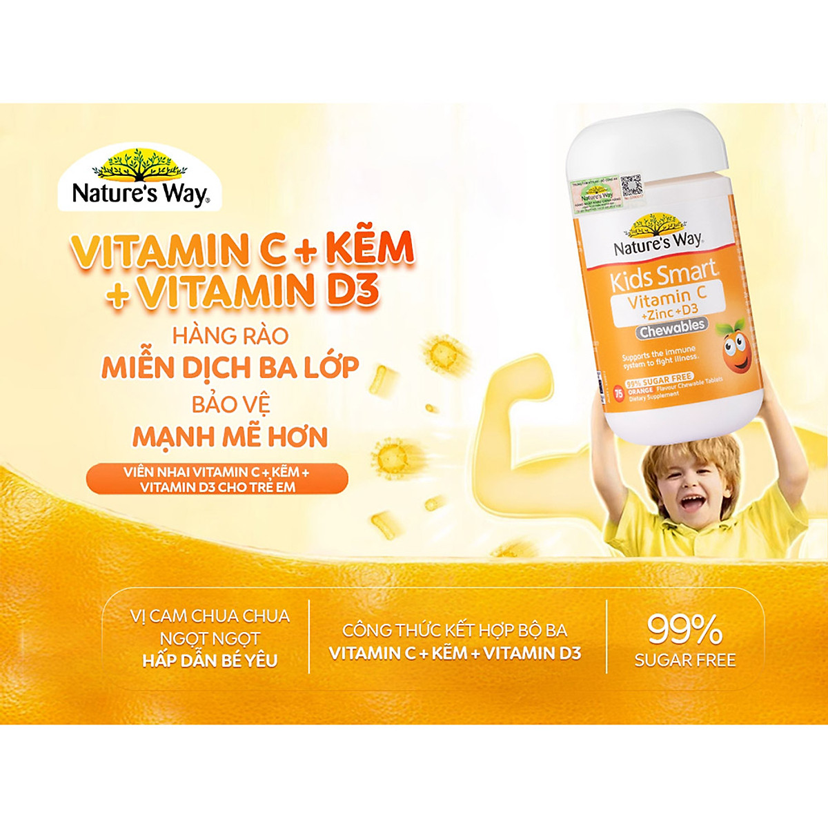 Nature’s Way Kids Smart Vitamin C + Zinc + D3 - Bổ sung Vitamin C, Vitamin D3 và Kẽm cho bé (75 viên/ Lọ)
