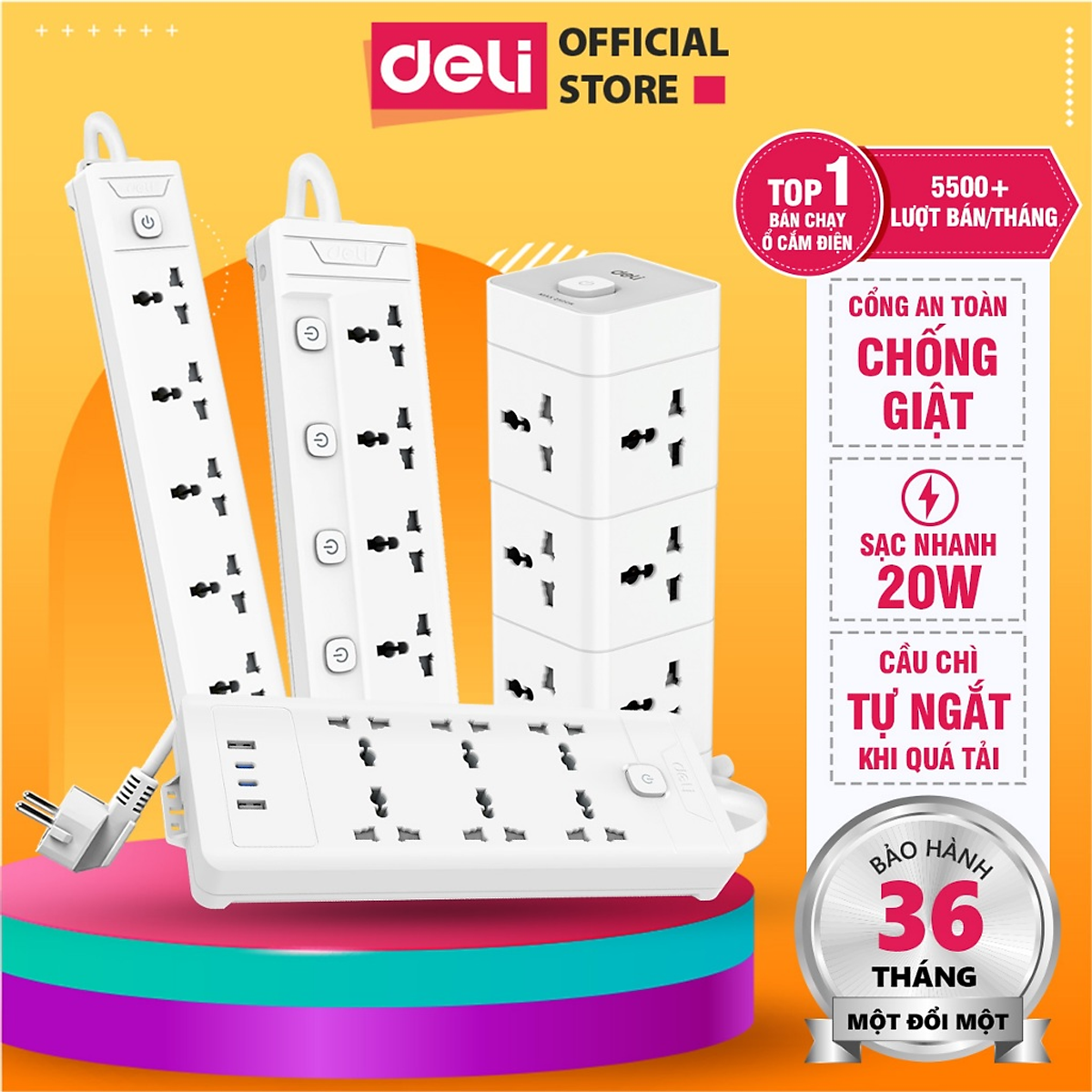 Ổ Cắm Điện Đa Năng DELI Sạc Nhanh TypeC USB PD20W 2-12 Ổ Vuông Dẹt Chịu Tải 2500W, Cầu Chì Tự Ngắt