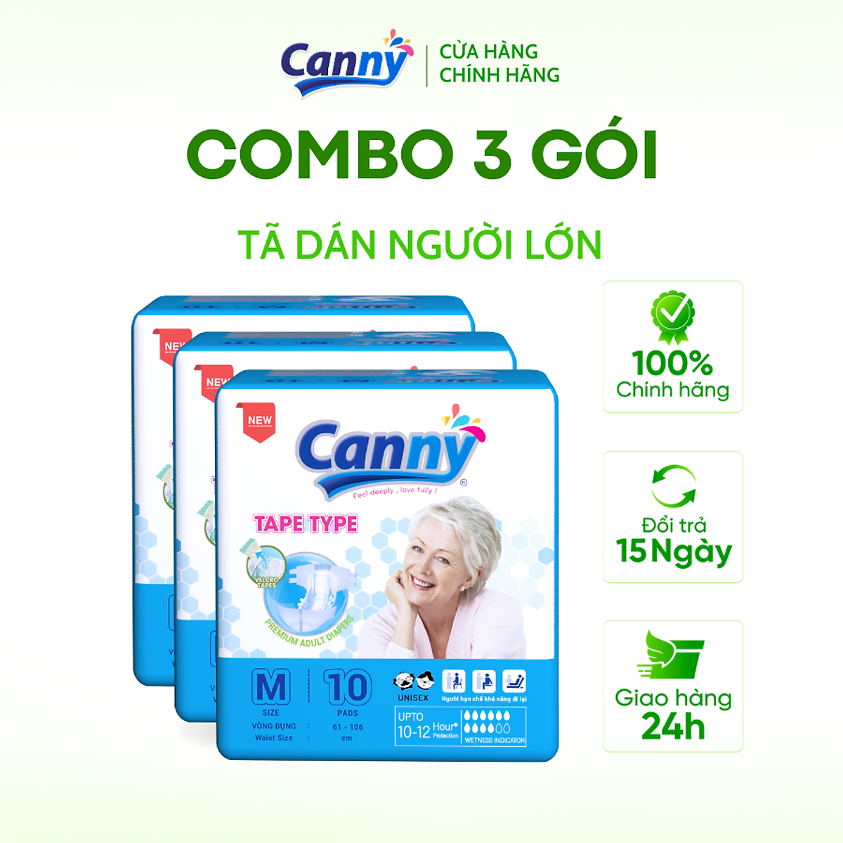 Combo 3 gói Tã Dán Người Lớn Canny Siêu Mềm, Siêu Thấm, Kháng Khuẩn Size M10, M/L10 (10miếng)
