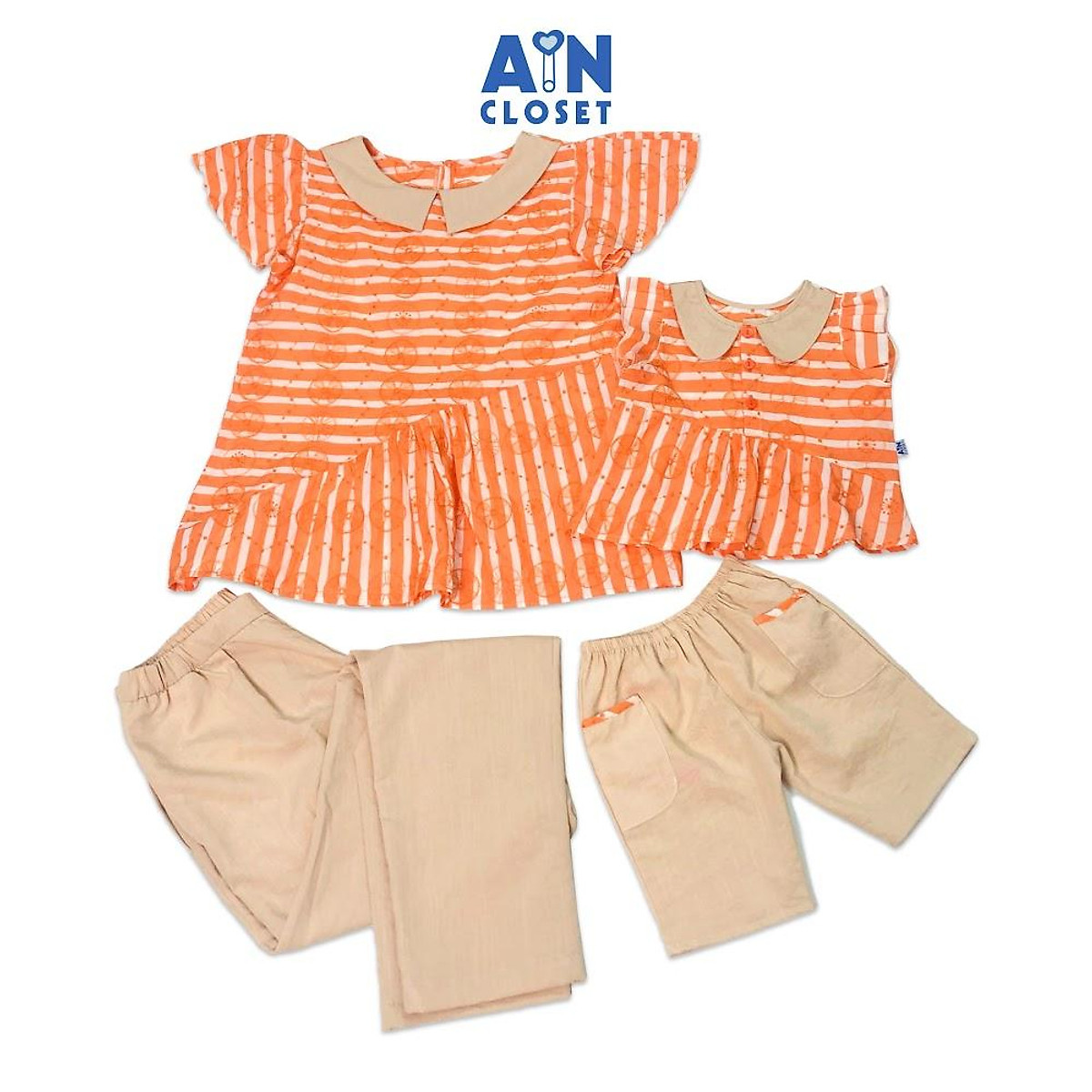 Bộ quần dài áo tay ngắn cho mẹ họa tiết Kẻ cam cotton thêu quần kem - AICDMEZSMTPY - AIN Closet
