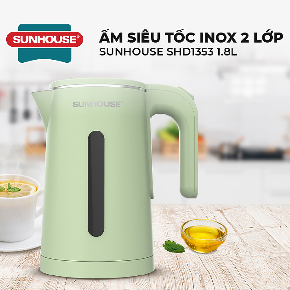 Ấm Đun Siêu Tốc Inox 2 Lớp Sunhouse SHD1353 (1.8 Lít) - Hàng Chính Hãng