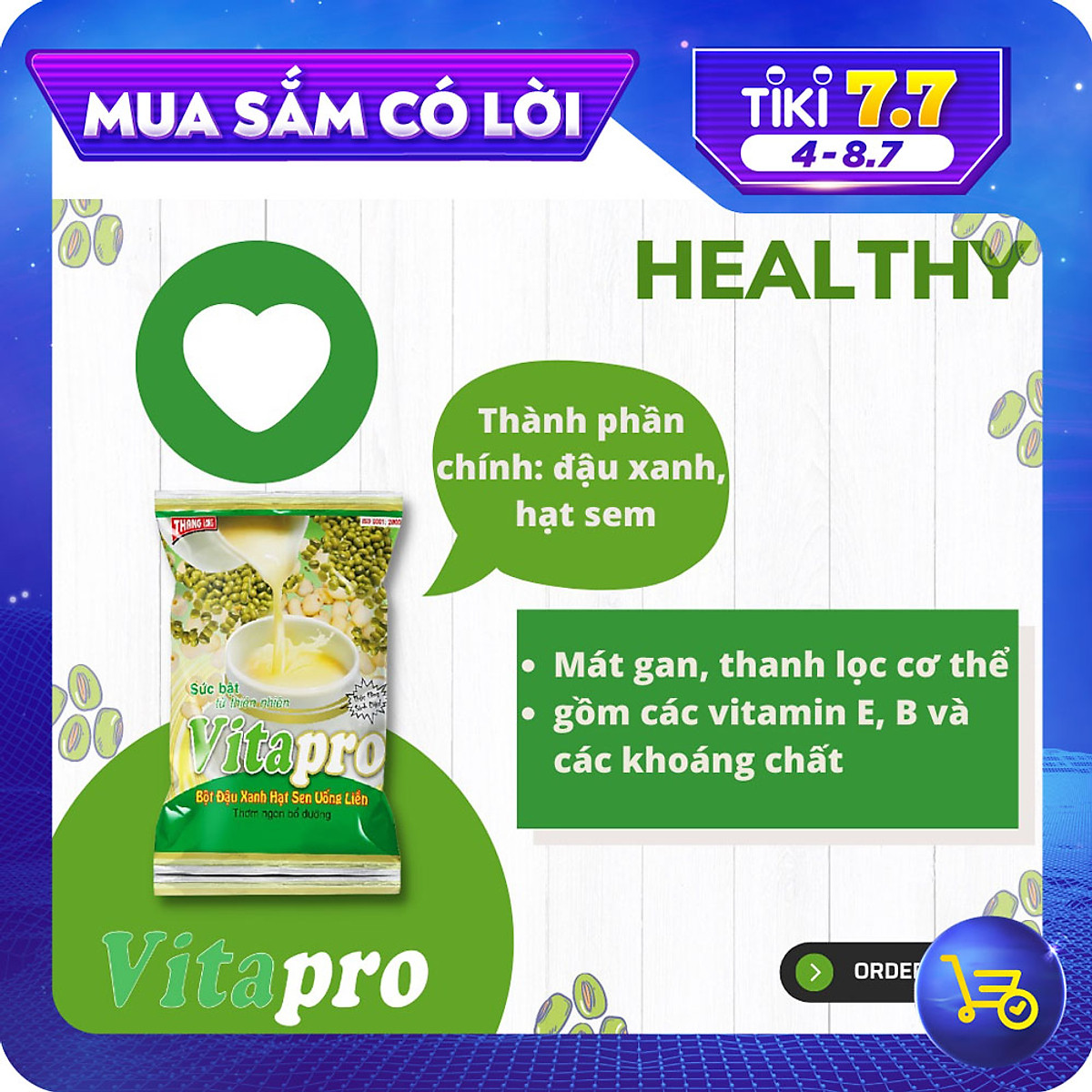 Bột Đậu Xanh Hạt Sen Vitapro 350g, Thanh Nhiệt, Giải Độc, Hỗ Trợ Điều Trị Chứng Mất Ngủ-Hàng Chính Hãng