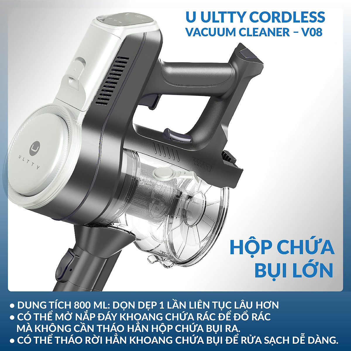 Máy hút bụi lau nhà cầm tay không dây thông minh Ultty V08 - Lực hút 24000 pascal - Hàng chính hãng