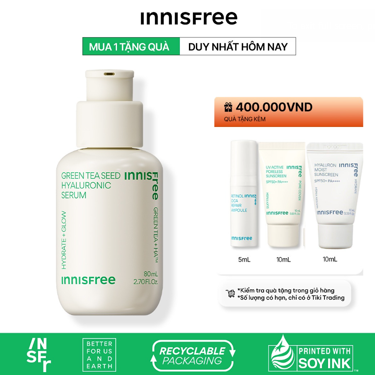 Tinh chất innisfree Green Tea Seed Hyaluronic Serum 2023 Nano 5 loại HA cấp nước tức thì cho da 80mL
