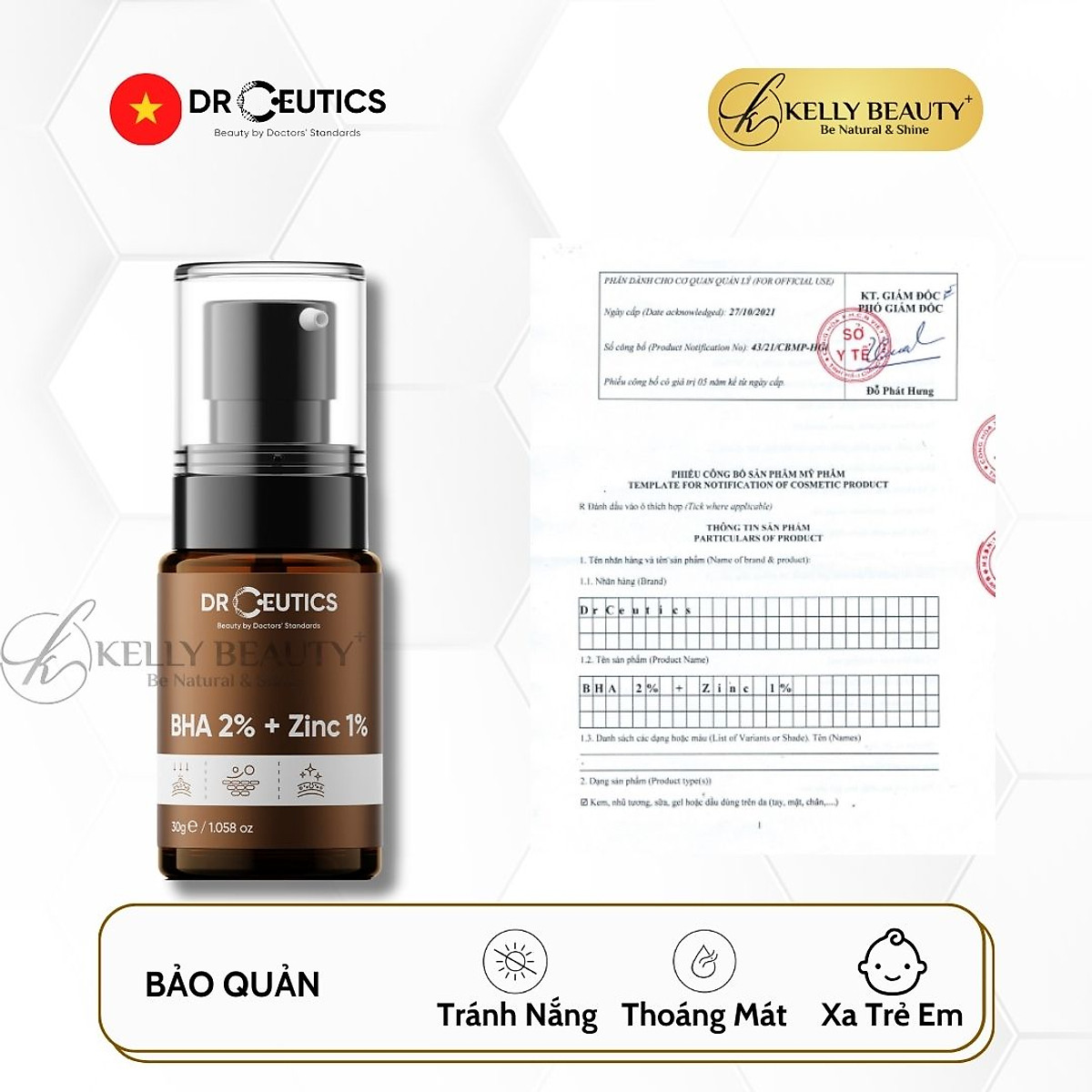 Serum Mụn DrCeutics BHA 2% + ZinC 1% - Cải Thiện và Ngừa Mụn; Thoáng Lỗ Chân Lông Kelly Beauty