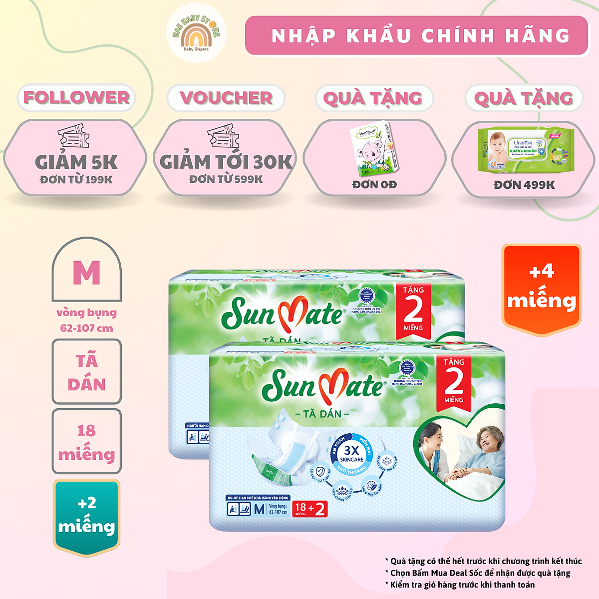 Combo 2 gói - Tã dán người lớn SunMate mới size M18/L18/XL18 + 2 miếng