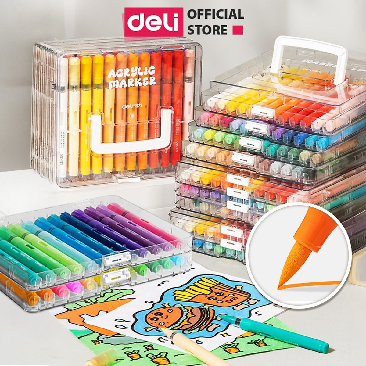 Bút Màu Acrylic Marker Roller Đầu Lông Mềm Deli-24/36/48/60 Màu Vẽ Trên Mọi Chất Liệu Bullet Journal