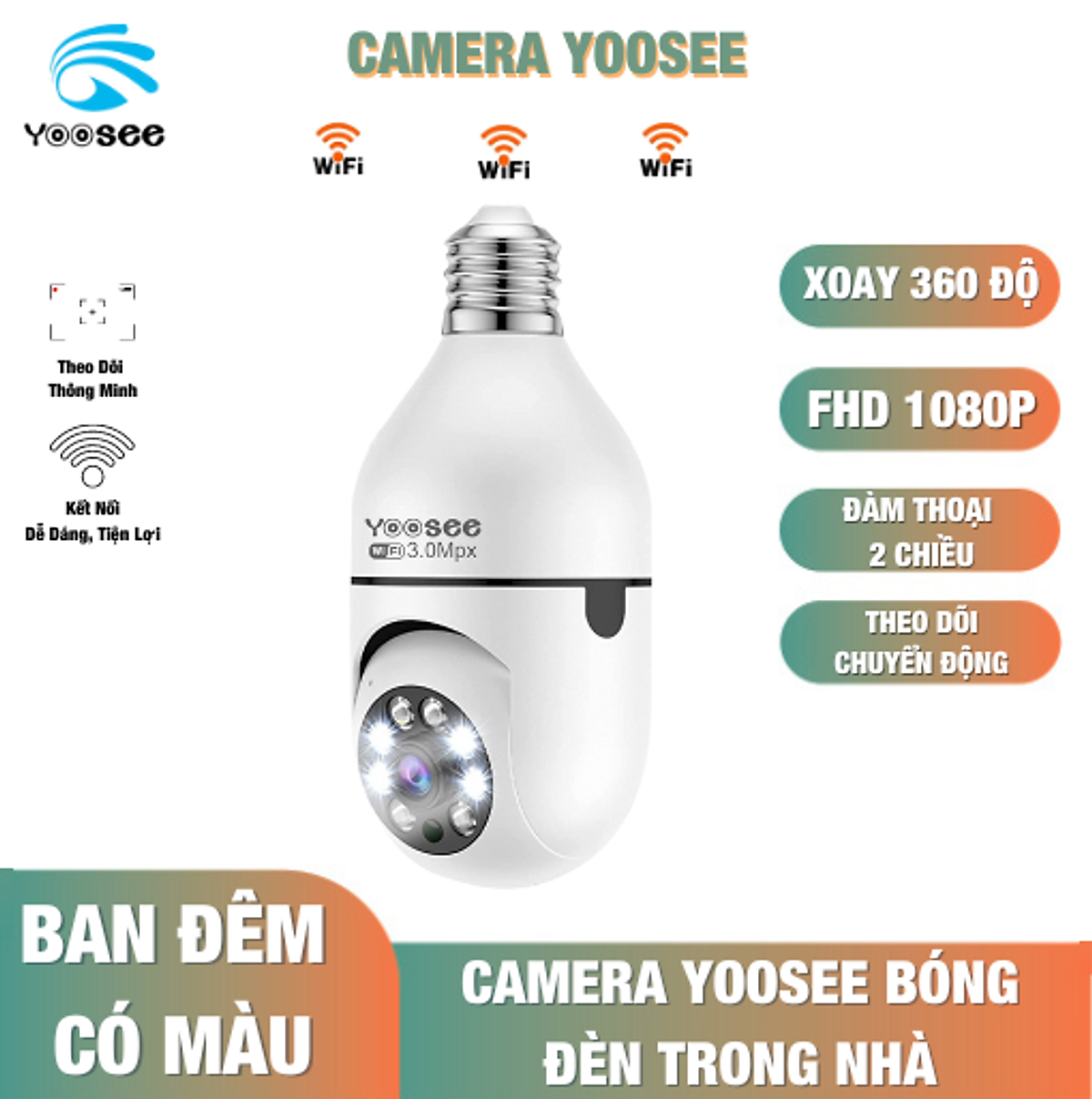 Camera Yoosee bóng đèn thế hệ mới 3.0MP - xoay 360 độ, xem đêm có màu, mẫu mới 2022 - Hàng Nhập Khẩu