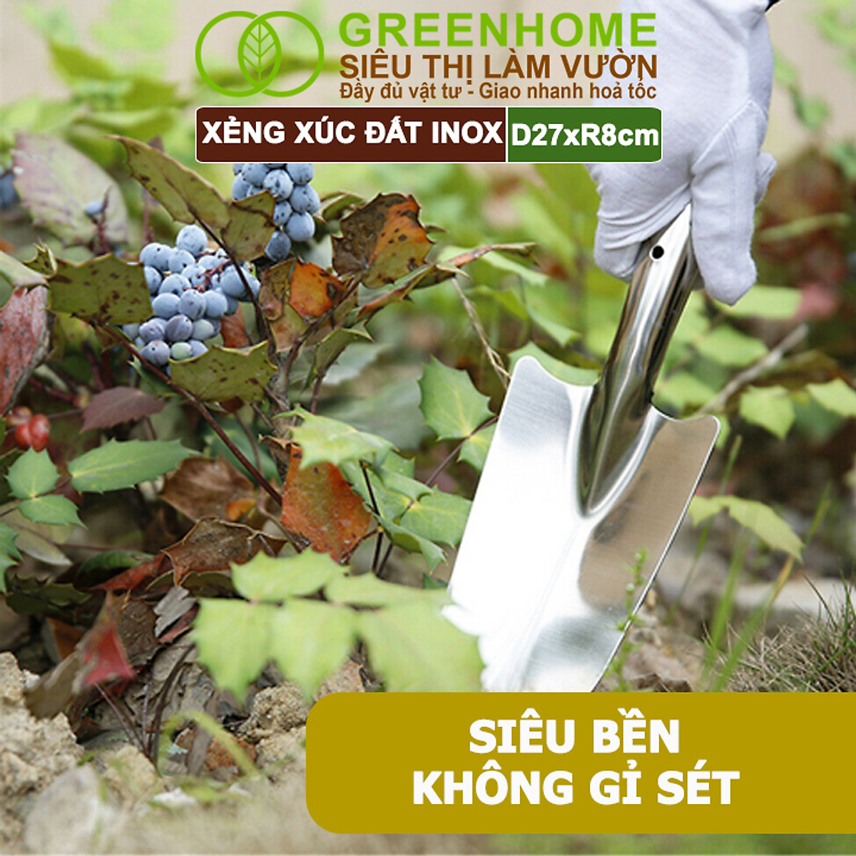 Xẻng Xúc Đất Greenhome, D27xR8cm, Dụng Cụ Làm Vườn, Hợp Kim Chống Rỉ, Siêu Bền, Dễ Vệ Sinh, Tiện Lợi